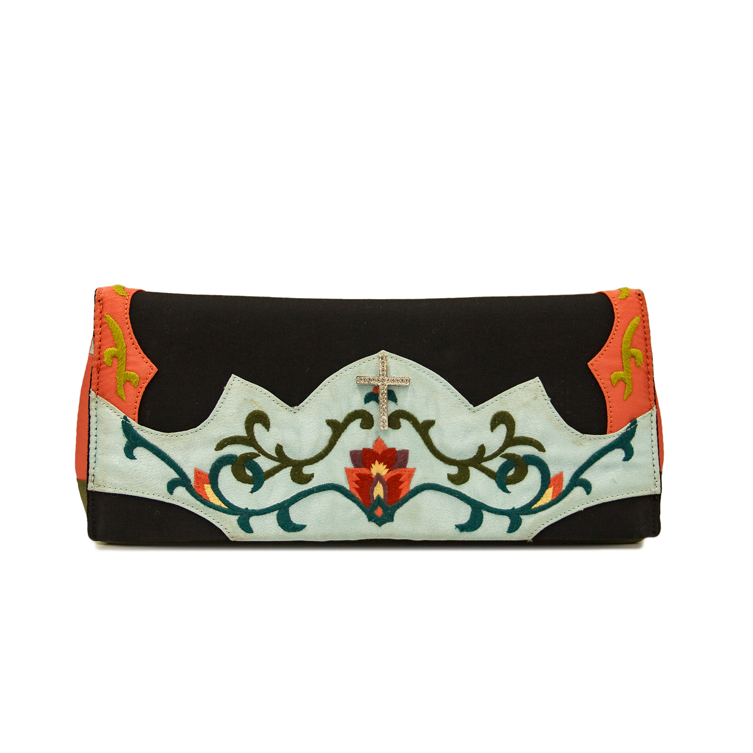 Folk Style Embroidered Clutch with Silver Chain